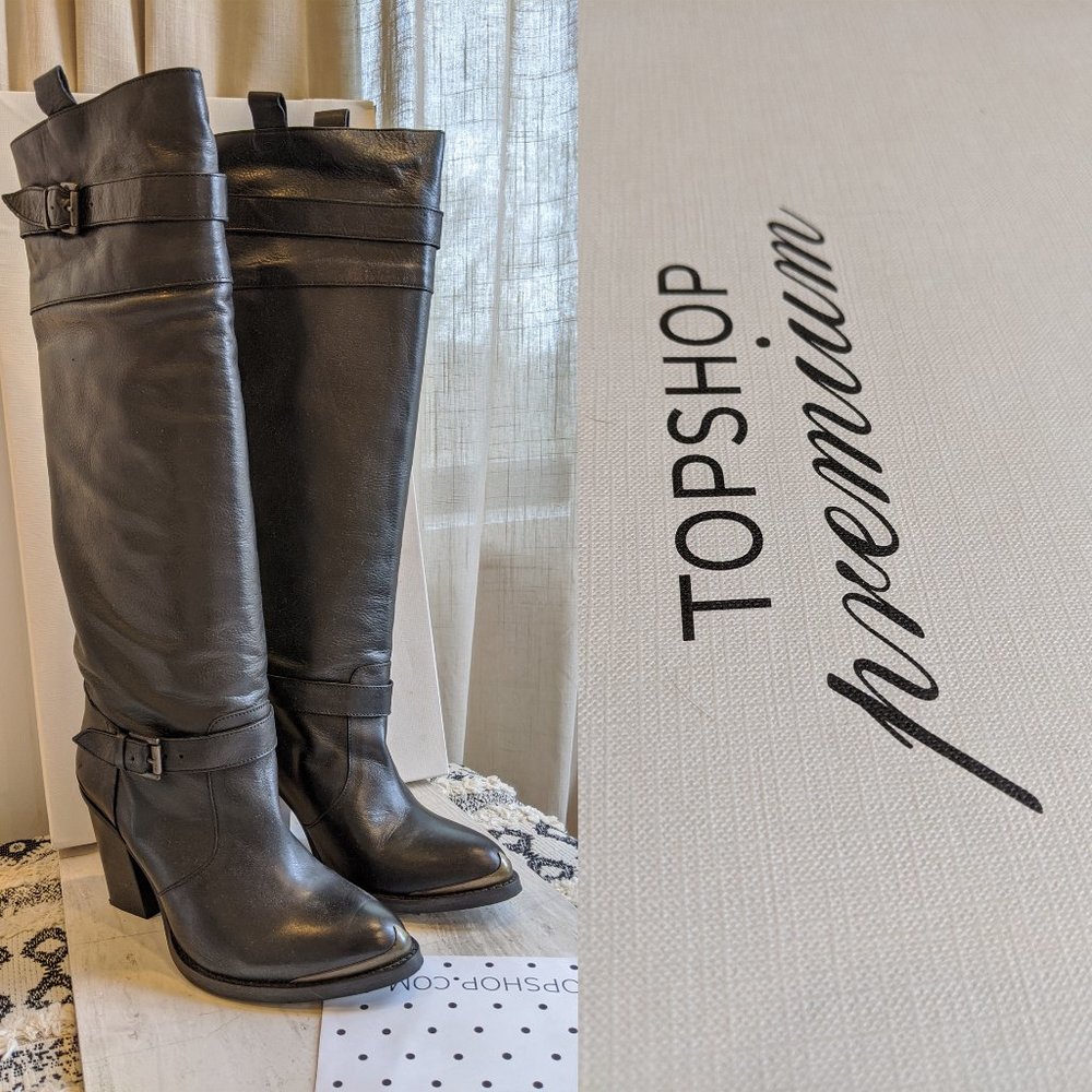 Topshop Tall Leather Boots with metal inlay